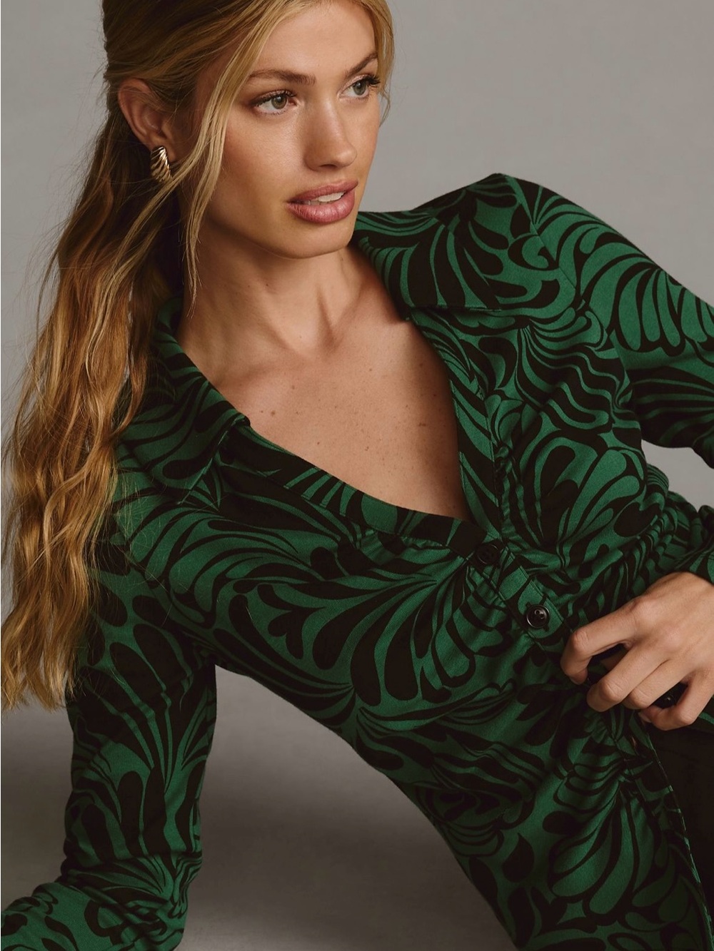 Anthropologie Maeve Emerald Green and Black Patterned Blouse